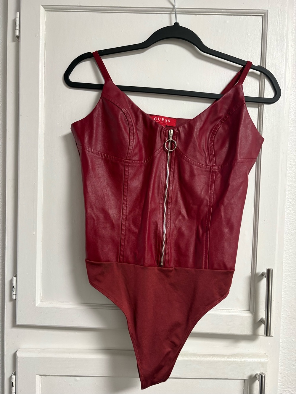 GUESS Wine Red Faux Leather Zip-Front Bodysuit